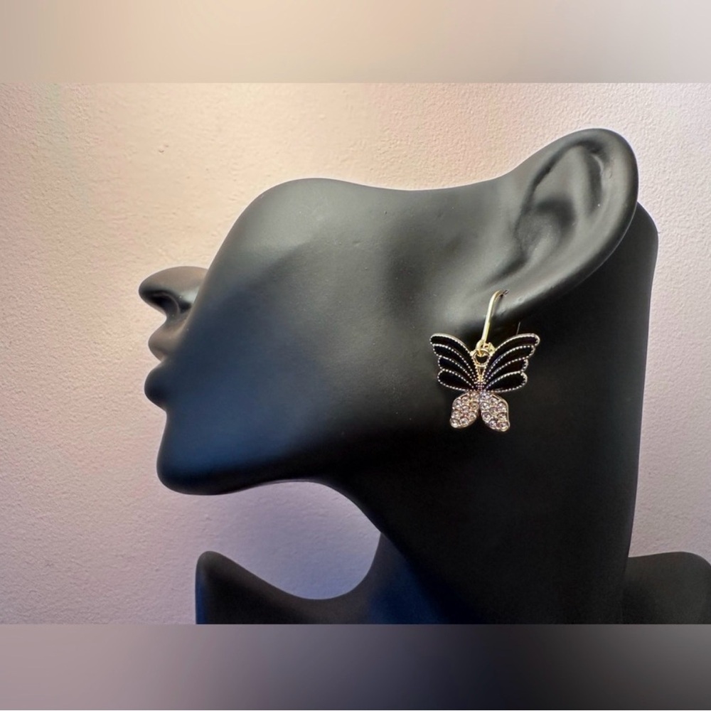 Gold Butterfly Drop Earrings with Black and Crystal Accents